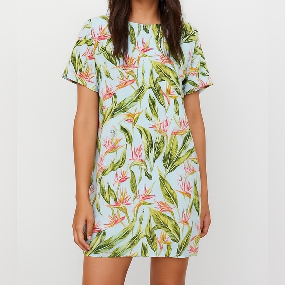Zara Tropical Jungle Floral Print Ruffle Short Sleeve Low Back Mini Dress Size M - Picture 1 of 9